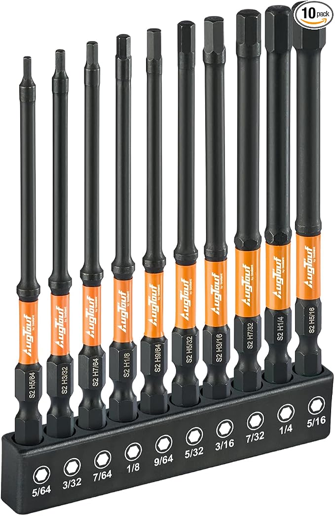 toolant Impact Hex Head Allen Wrench Drill Bit Set 10pcs (SAE), 1/4" Hex-Shank S2 Steel Hex Bits Set, CNC Machined Tips with Magnetism, 4" Long with Storage Box