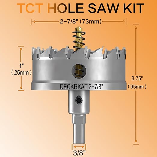 DECKRKAT 2-7/8" TCT Hole Saws for Hard Metal, Heavy Duty 73mm Tungsten Carbide Tipped Hole Cutters Set with Spring-Loaded Pilot Drill Bits for Stainless Steel, Metal, Iron, and Plastic.