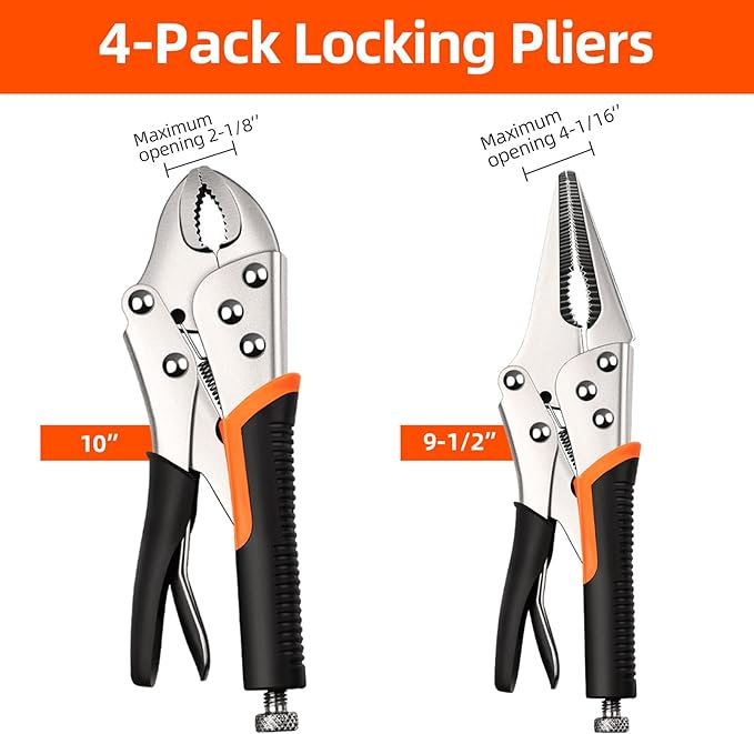 4-Pack Locking Pliers,Vice Grips Pliers Set 2PCS 10"Curved Jaw,2PCS 9-1/2" Needle Nose Vise Grips for welding,Metal Bending,Woodworking,Ergonomic Handle
