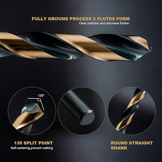 HIDOTOL Drill Bit Set 29Pcs, 135 Degree Tip High Speed Steel with Black and Gold Finish, Stainless Steel, Plastic and Wood with Metal Indexed Storage Case 1/16"-1/2"