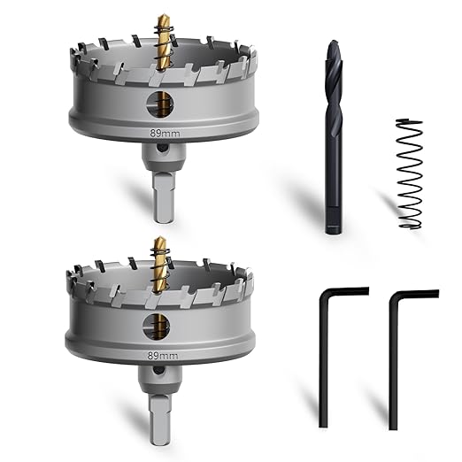 Metal Hole Saw 3-1/2''(89mm) 2Pcs Set Heavy Duty Tungsten Carbide Tipped Hole Cutters Set with a nitrided Step Drill and L-flench, for Steel Iron,Aluminum,Stainless stell
