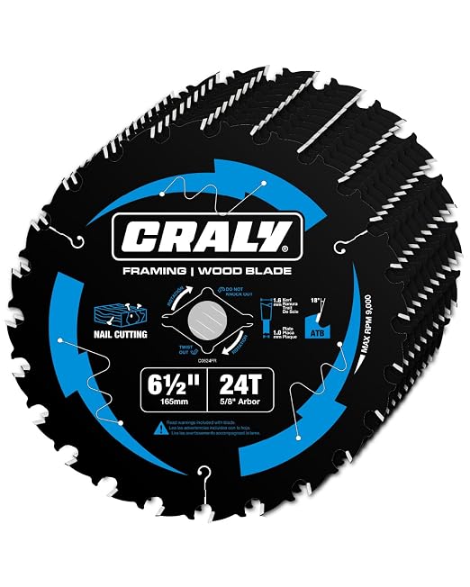 CRALY 6-1/2 Inch 24 Teeth Wood Cutting Framing Circular Saw Blade, 5/8 Inch Arbor, Carbide Tipped, Thin Kerf, Black Ice™, for Plywood, MDF, OSB, Laminated, 10-Pack(C0624FR-10)