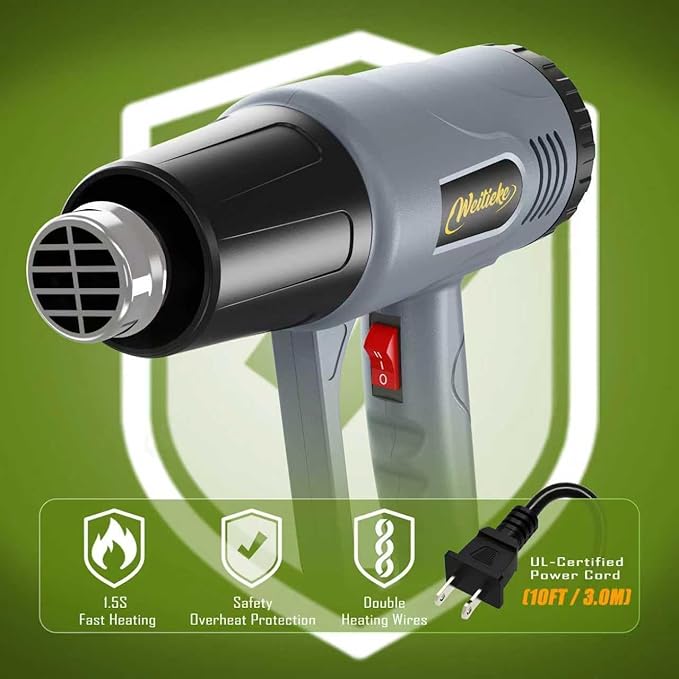 Heat Gun, 2 Temperature Settings 572℉&1112℉, 900W-1300W Hot Air Gun with Overload Protection, 10FT Extra Long Cord, Handheld Heat Gun with Heat Shrink Tubing Kit for Packaging Shrinking, DIY Crafts
