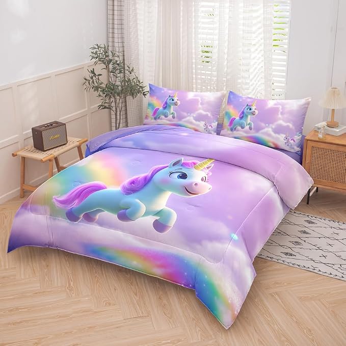 5PCS Girls Unicorn Comforter Sets Twin,Girls Rainbow Comforter Sets,Pink Cute Unicorn Bedding Sets for Girl,Twin Kawaii Comforter Set for Girl(Kids Bed Set with Sheets)