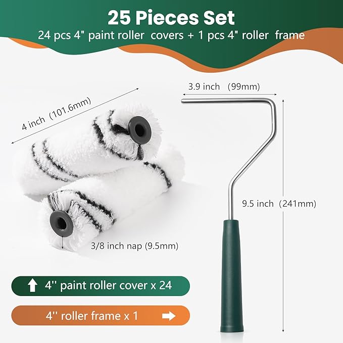 Microfiber Paint Roller Covers, 24 Pack Paint Roller 4 Inch (3/8 Inch Nap), Paint Roller Frame, Small Paint Rollers for Painting Walls, Home Improvement Paint Supplies