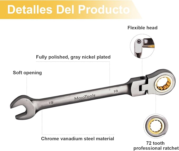 19mm Flex-Head Ratcheting Combination Wrench, Metric Standard, 72-Tooth 12-Point Ratchet Box End & Open-End Spanner, CR-V Steel, Nickel-Plated for Durability