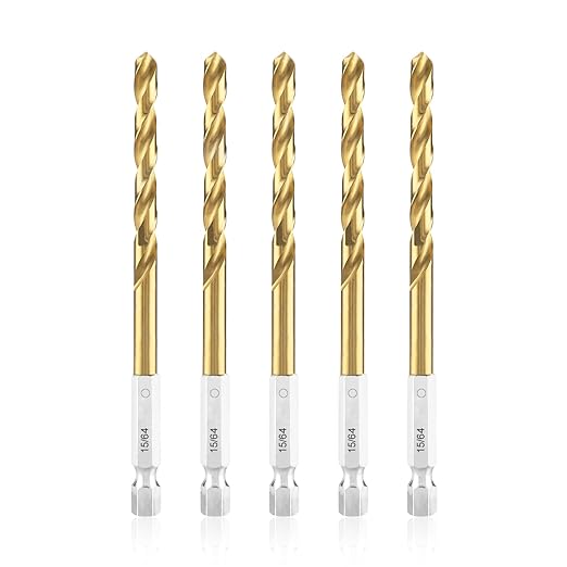 amoolo 15/64 Twist Drill Bit Set, 5Pcs Titanium HSS Hex Shank Impact Drill Bit Set for Metal, Steel, Wood, Plastic, Quick Change Design