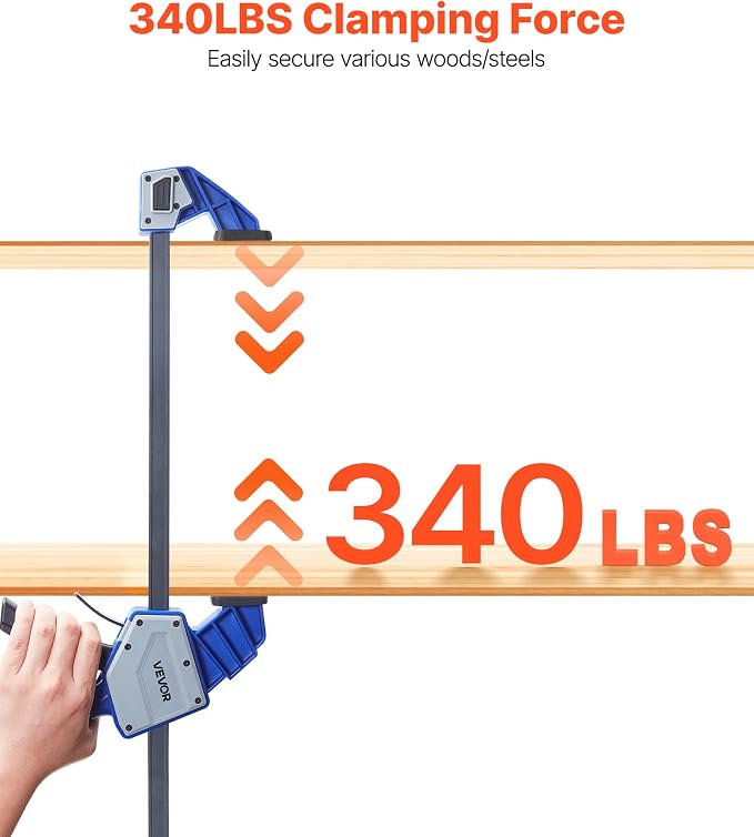 VEVOR Bar Clamps for Woodworking, 2-Pack 24 inch One-Handed Clamp/Spreader, Quick-Grip F-Clamp with 340 lbs Load Limit, Premium Plastic and Carbon Steel, for Woodworking Metal working, Blue + Black