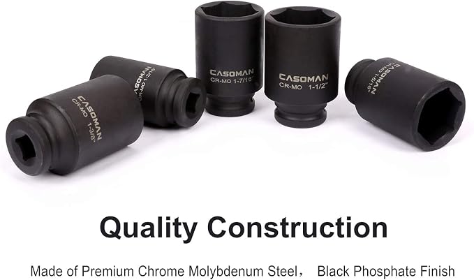 CASOMAN 1/2-Inch Drive Deep Spindle Axle Nut Impact Socket Set, 1/2" Drive Deep Impact Socket Set, Inch, Cr-Mo, 6-Point, 1-3/16-Inch - 1-1/2-Inch, 5 Piece Axle Socket Set