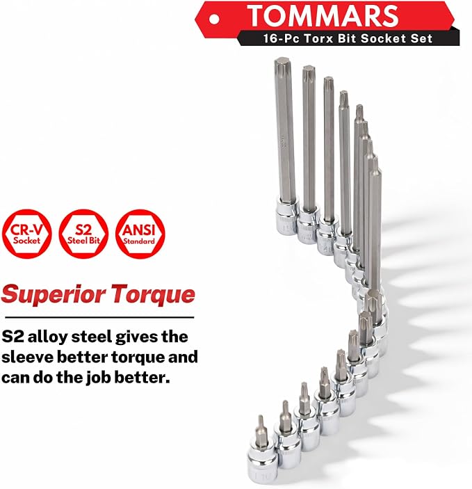 TOMMARS 16-Piece 3/8" Drive Conventional Torx Socket Set | T10, T15, T20, T25, T30, T40, T50, and T55, Long Torx Bit Socket Set ,S2 Alloy Steel