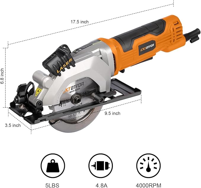 Power Circular Saw,4.8A Mini Circular Saw with Laser Guide,4000RPM Corded Saw Equipped with 3 Pcs 4-1/2" Blades，Maximum Cutting 1-11/16" at 90° and 1-1/8"at 45° for Wood, Soft Metal, Plastic