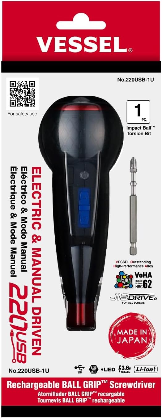(USA Official) VESSEL e-ASSIST Screwdriver | Higher-Torque Model made in Japan No.220USB1U