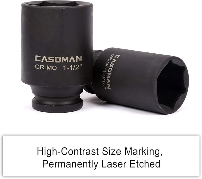 CASOMAN 1/2-Inch Drive Deep Spindle Axle Nut Impact Socket Set, 1/2" Drive Deep Impact Socket Set, Inch, Cr-Mo, 6-Point, 1-3/16-Inch - 1-1/2-Inch, 5 Piece Axle Socket Set