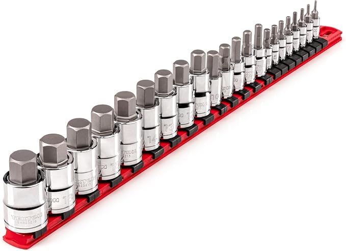 TEKTON Hex Bit Socket Set, 22-Piece | SHB99102 | 1/4, 3/8, 1/2 Inch Drive, (2 - 19 mm), Socket Rail