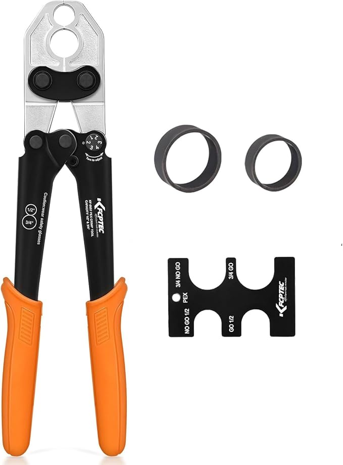 KF CPTEC PEX Clamp Tool Kit, 1/2" & 3/4" PEX Crimping Tool with Go/No-Go Gauge, ASTM F1807 Compliant, Chrome-Plated Jaw, Includes Assorted Accessories for Plumbing Installation & Repair