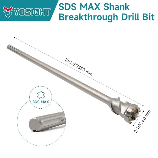2-1/3 in. Break Through Drill Bit, 2-1/3 in. x 21-2/3 in. Carbide Tipped Hole Saw Bit with Storage Tube, SDS MAX Shank, Tools for Concrete Brick Stone and Other Masonry Construction Material