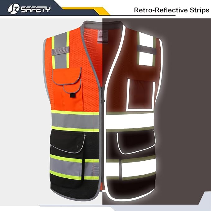 JKSafety 9 Pockets Hi-Vis Safety Vest High Visibility Reflecitive Mesh Safety Vests for Men and Women Cushioned Collar Work Utility PPE Work Gear ANSI/ISEA compliant Class 2 (101-OBlk XXL)
