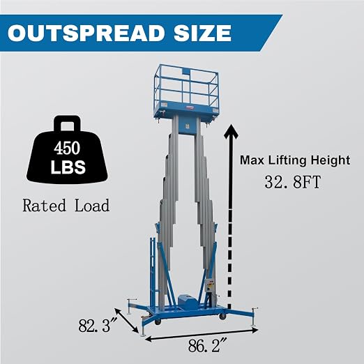 Electric Hydraulic Man Lift Aluminum Alloy Mobile Scaffolding Platform, 32.8ft Max Lifting Height, 450lbs/200kg Rated Load for Warehouse, Construction & Maintenance (Double Support, 32.8ft/10m)
