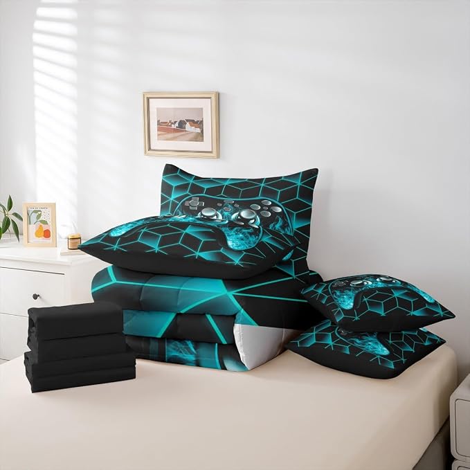Gaming Consoles Comforter Set 7 Piece Bed in a Bag Twin,Neon Geometric Boys Bedding Set,3D Geometric Gamer Comforter and Sheet Set Teal Flame Bed Set,Gamer Decor for Boys Bedroom Gamer Gifts