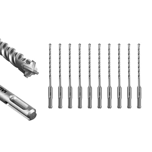 SALI 10PCS 3/16"*6" SDS Plus Rotary Hammer Drill Bit Concrete Drill Bit Kit Cross-Type Double Thread Carbide Material Suitable for Brick, Cement Walls, Stone, Hammer Drill Bits