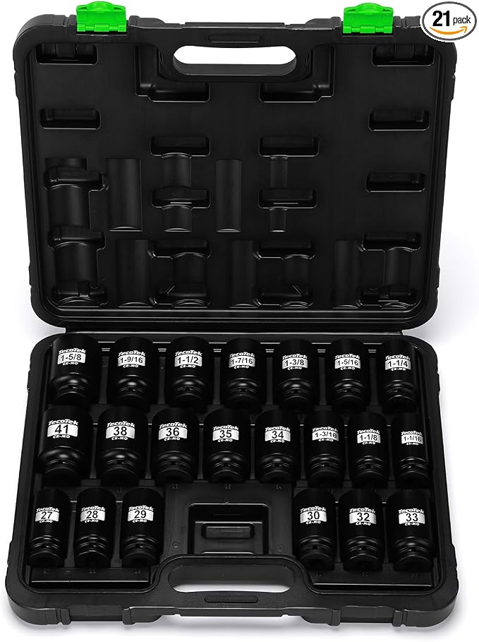 TecoTek 1/2" Drive Deep 6-Point Impact Socket Set, 21-Piece Spindle Axle Nut Impact Socket Set, CR-MO, SAE (1-1/16-Inch to 1-5/8-Inch) and Metric (27mm to 41mm)
