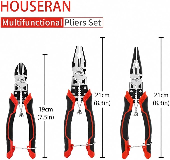 Pliers Set, 3 Pcs, for DIY & Home Use, Multifunctional | 8.3” Needle Nose Pliers, 8.3” Linemans Pliers, 7.5” Diagonal Cutters, Spring Loaded with Safety Lock, Combination Pliers Set