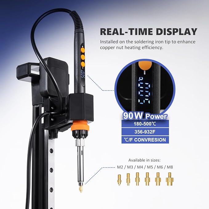 Vertical Heat Set Insert Press Tool | 90W Soldering Iron, 30 Brass Threaded Inserts (M3/M4/M5/M6/M8) & Heat-Set Tip | Compatible with PLA, ABS, PETG | for 3D Printed Components DIY Plastic Parts