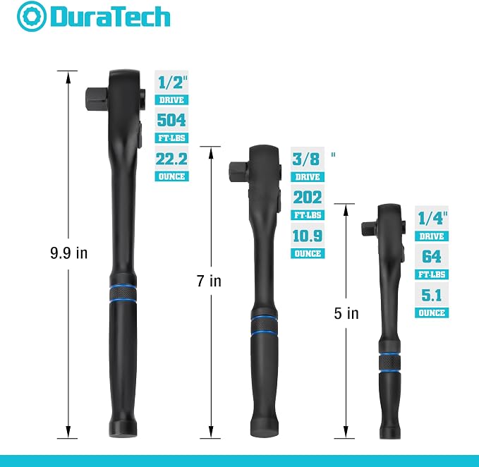 DURATECH 3-Piece Drive Ratchet, 90-Tooth Quick-release Ratchet Wrench | 1/4", 3/8", 1/2" Socket Wrench for Men Women, Reversible, Cr-V Made, 4° Swing, Manganese Phosphate Black Finish