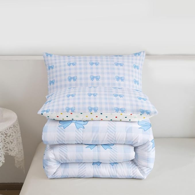 Feelyou Blue Grid Bowknot Bedding Set Soft for Boys Girls, Bow Checkered Comforter Set Full Size Princess Duvet Quilt Microfiber Bedroom Decor 3 Pcs with 2 Pillow Cases