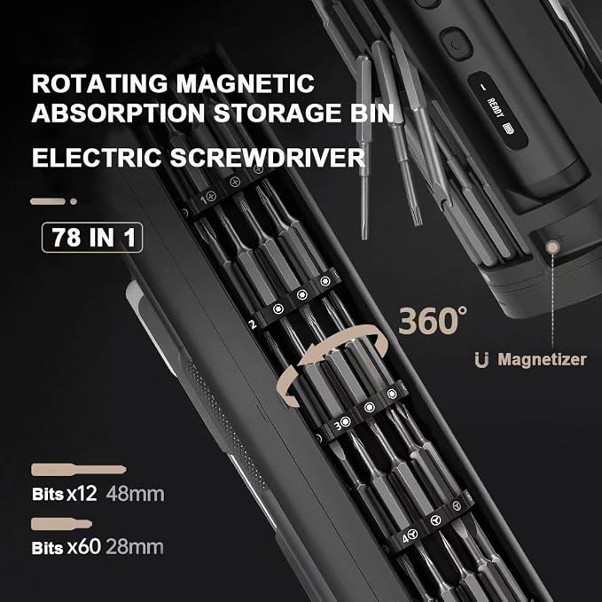 Mini Electric Precision Screwdriver Set, 78 in 1 Cordless Repair Kit with OLED Display, USB-C Rechargeable, 72 S2 Steel Magnetic Bits for Phone, Laptop, Watch & Electronics Repair