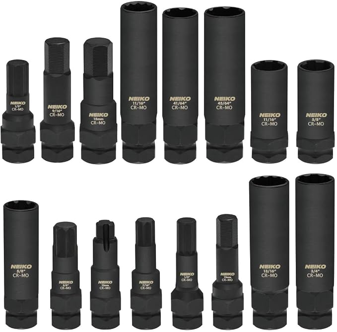Neiko 02457A Lug-Nut Key Set, Wheel-Lock Removal Tool Kit for Aftermarket and Factory Wheel Tire Keys, SAE and Metric Lug Sockets, 16 Pieces