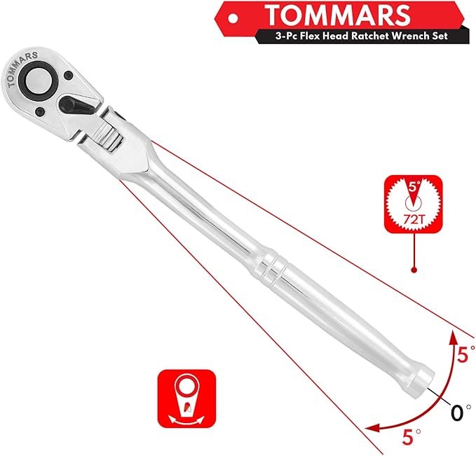 TOMMARS Flex-Head Ratchet Set, 1/4", 3/8", 1/2" Drive Flexible Ratchet Handle Wrench 72-Tooth Quick-Release Reversible Gift for Men Mechanic Hand Tools