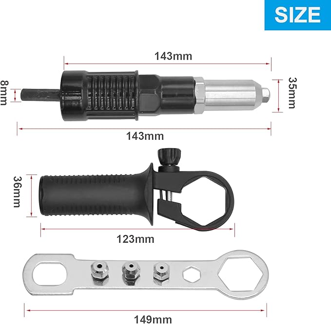 Pop Rivet Gun Adapter Kit, Professional Rivet Gun Adapter Rivet Drill Attachment with 4 Rivets Heads Cordless Rivet Gun Power Drill Adaptor Kit