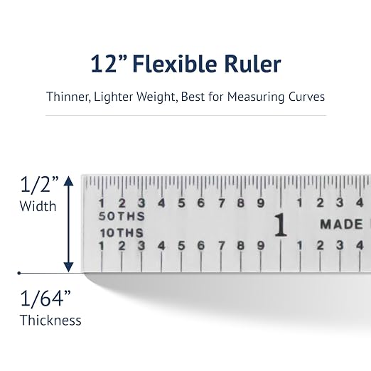 PEC Tools 12-Inch Flexible Metal Ruler, High-Quality Carbon Steel with Satin Chrome Finish, 3R Graduation (1/32", 1/64", 1/10", 1/50"), Fully Hardened and Tempered, Made in USA