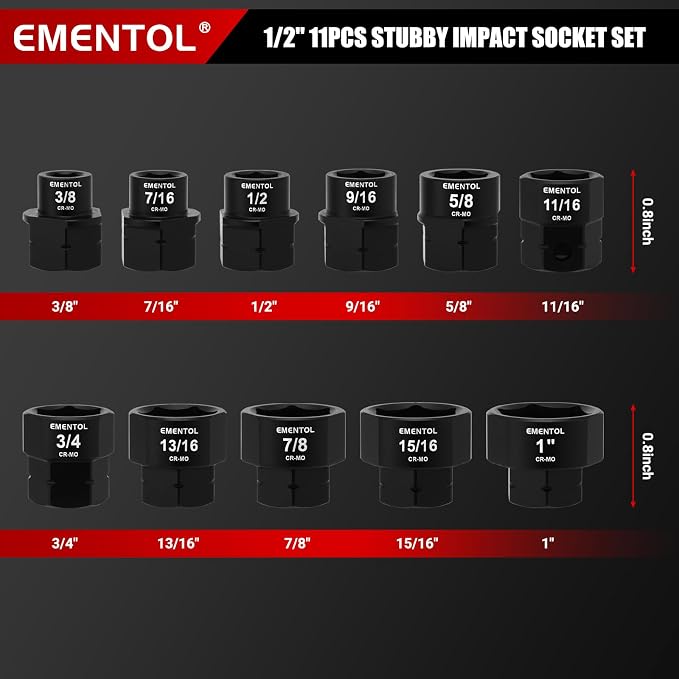 EMENTOL 1/2" Drive Low Profile Nano Impact Socket Set, SAE 3/8"-1", 11PCS Stubby Sockets, CR-MO Steel, No Skips Sizes, with Plastic Case
