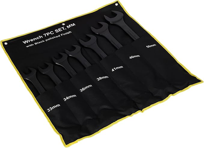 7PC Jumbo Combination Wrench Set, Metric, 33, 34, 36, 38, 41, 46, 50mm | 7PC Jumbo Combination Wrench Set, Metric, Extra Large Combination Wrench Sets, Black Oxide Finish with Pouch (7PC-Metric)