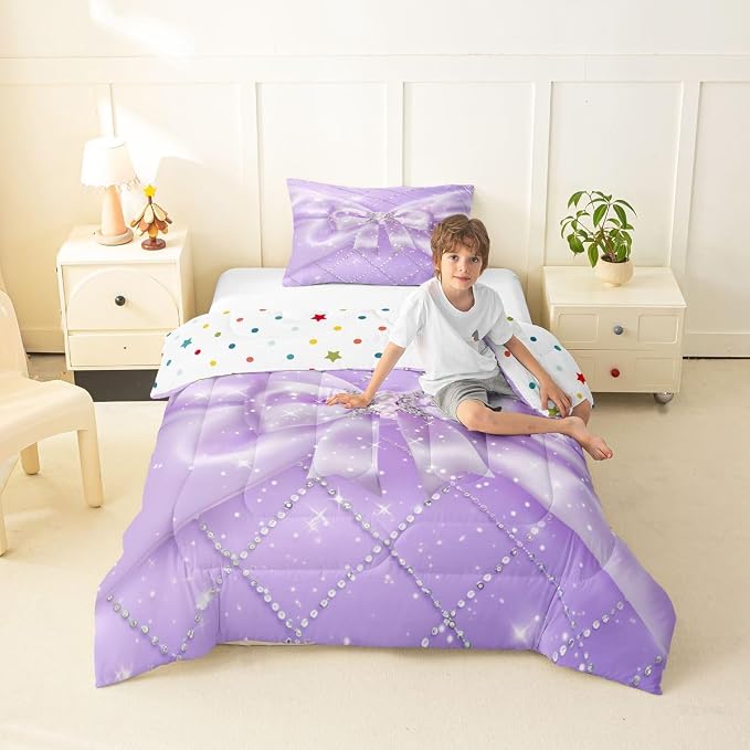 Feelyou Purple Bow Kids Comforter Set Twin Size Geometry Bowknot Bedding Set Glitter Duvet Quilt for Kids Boys Girls Bedroom Decor Microfiber Ultra Soft Breathable