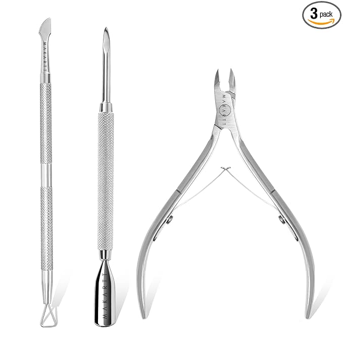 Makartt Cuticle Trimmer with Cuticle Pusher, Silver Nail Trimmer Nail Care Manicure and Pedicure Kit with Stainless Steel Cuticle Nipper and Dual End Nail Pushers for Home Salon Use (Pack of 3 PCS)
