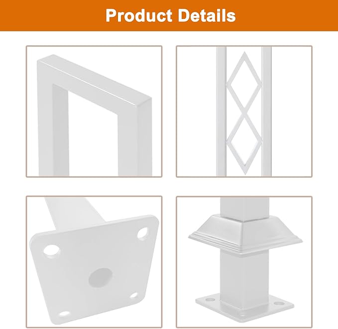 U-Shaped Stair Handrail, White Wrought Iron Hand Rails Decorative Railing for Indoor Stairs, Porch Deck Loft Corridor Safety Non-Slip Support Poles, with Diamond Pattern (White/3FT/90CM)