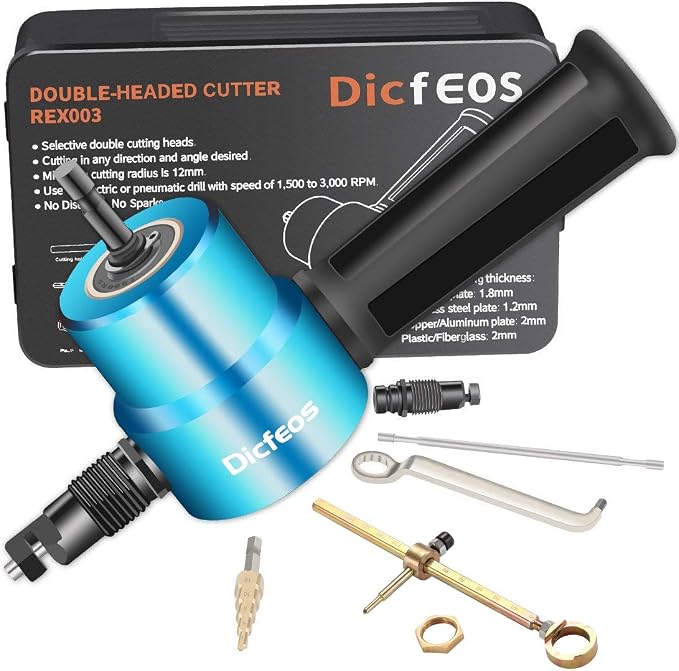 Dicfeos Double Head Metal Sheet Nibbler Cutter with Circle Cutting Accessories, Drill Attachment with Wrench and Parts, Maximum 14 Gauge Steel