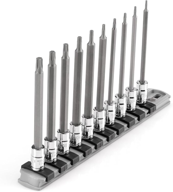 TEKTON Long Torx Bit Socket Set with Rail, 10-Piece | SHB90109 | 1/4 Inch Drive, (T6 - T30), Socket Rail