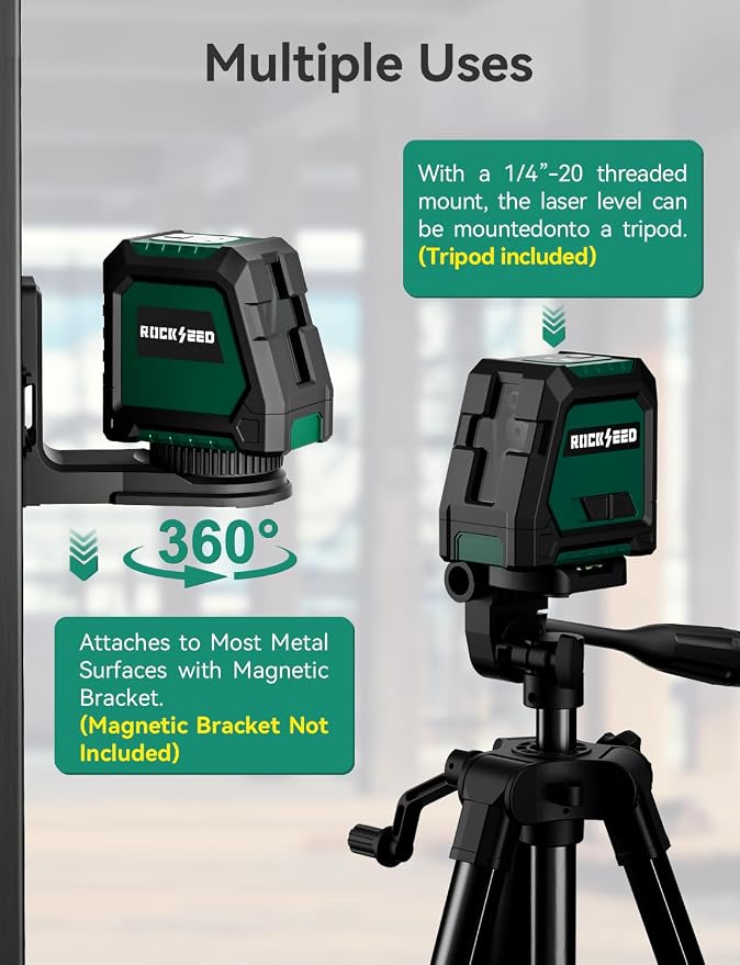 RockSeed Dual Modules Line Laser with 47 inch Iron Tripod, Self Leveling Laser Level, Horizontal and 150° Vertical Green Beam, 2 AA Batteries, Carrying Bag, for Home Decoration/DIY/Construction Site