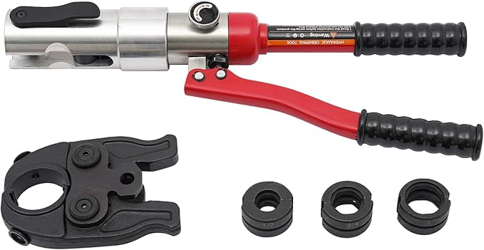 Pipe Crimper Copper Pipe Press Crimping Tool Kit 360° Rotatable Crimp Head Hydraulic Copper Tube Crimping Tool for Copper Tees Elbows Straight Pipes with 3 Molds (1/2", 3/4", 1") (Red)