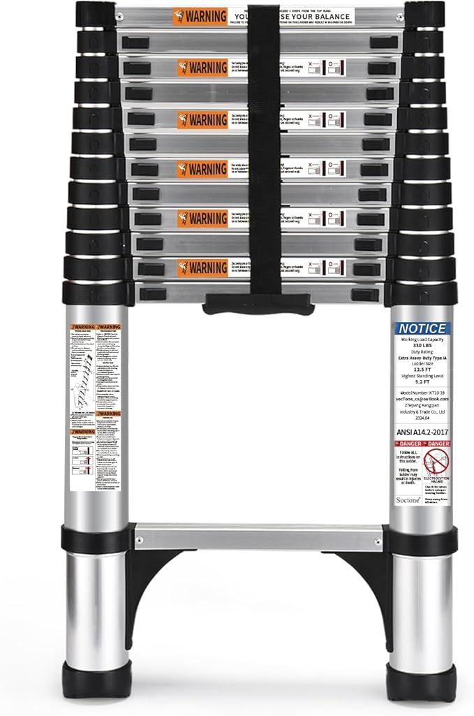 Telescoping Ladder, SocTone 12.5 FT Aluminum Lightweight Extension Ladder with 2 Triangle Stabilizers, Heavy Duty 250lbs Max Capacity, Multi-Purpose Collapsible Ladder for RV or Outdoor Work