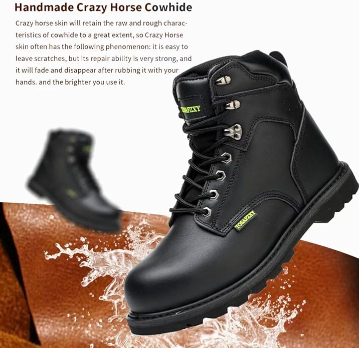 Work Safety Boots for Men Durable Crazy-Horse Leather Indestructible Steel Toe Waterproof and Non-Slip Better Warmth Men Work Shoes