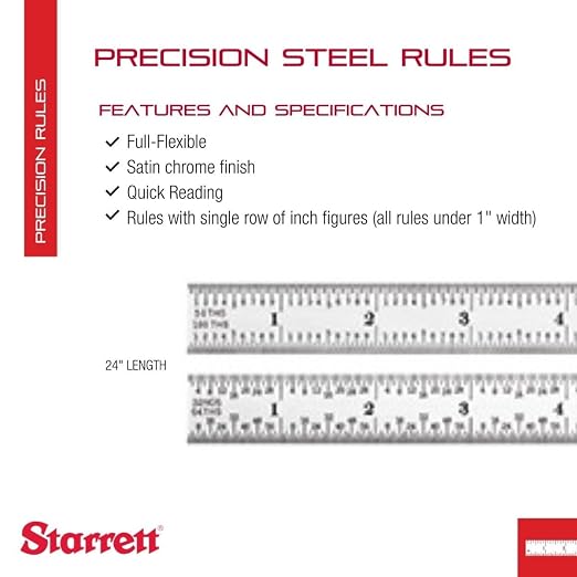 Starrett Full Flexible Steel Rule with Satin Chrome Finish, Quick Reading and Inch Graduation - 16R Graduation, 24" Length, 1/50" Thickness - C316R-24