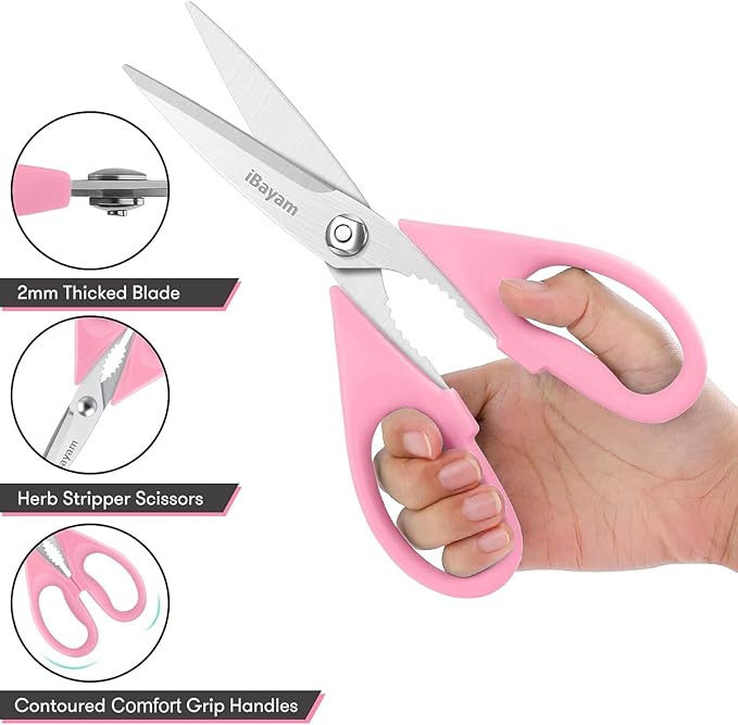 iBayam All Purpose Kitchen Scissors 2 Pack Heavy Duty Meat Food Poultry Shears with Protective Sheath, Dishwasher Safe, Soft-Grip Cute Aesthetic Gift for Women Mom Wife Her Couple Pastel Pink