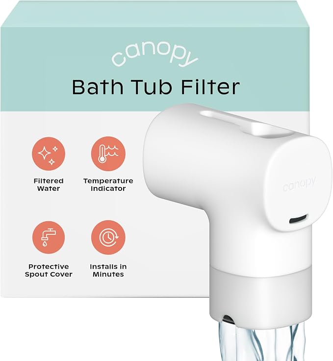 Canopy Baby Bath Tub Filter – Gentler Water Filtration for Delicate Skin | Reduces Chlorine & Irritants | BPA-Free Silicone Spout Cover | Easy Tool-Free Install | Activated Carbon Filtration