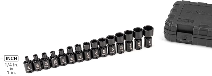 TEKTON 3/8 Inch Drive Universal Joint Impact Socket Set | SID97301 | 15-Piece, (1/4 - 1 in.), Shallow, 6-Point