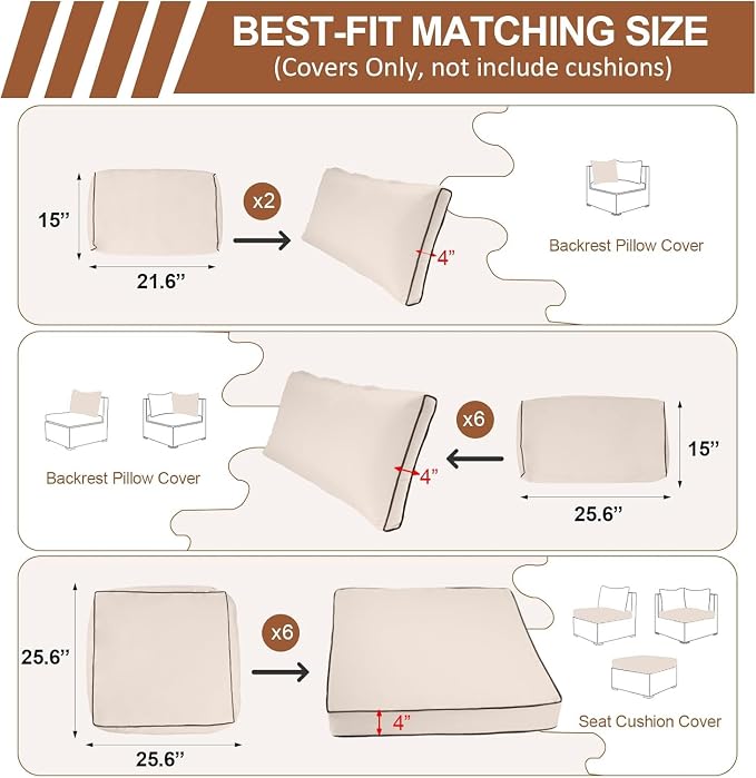 14 Piece Outdoor Furniture Replacement Cushions, Cover+Filling, 25.6" x 25.6" x 4" Foam Waterproof Outdoor Sofa Cushion Sets, Fit Wicker Rattan Sectional Conversation Set,Cream+Black Piping